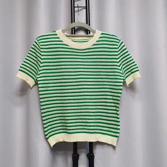 [BUNJANG] Green Striped Short Sleeve Knit Top / 그린 스트라이프 반팔 니트