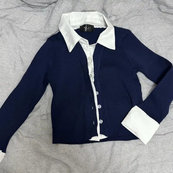 [BUNJANG] Navy White Layered Crop Cardigan / [새상품] 대구 동성로 보라 옷가게 네이비 화이트 가디건 레이어드 크롭