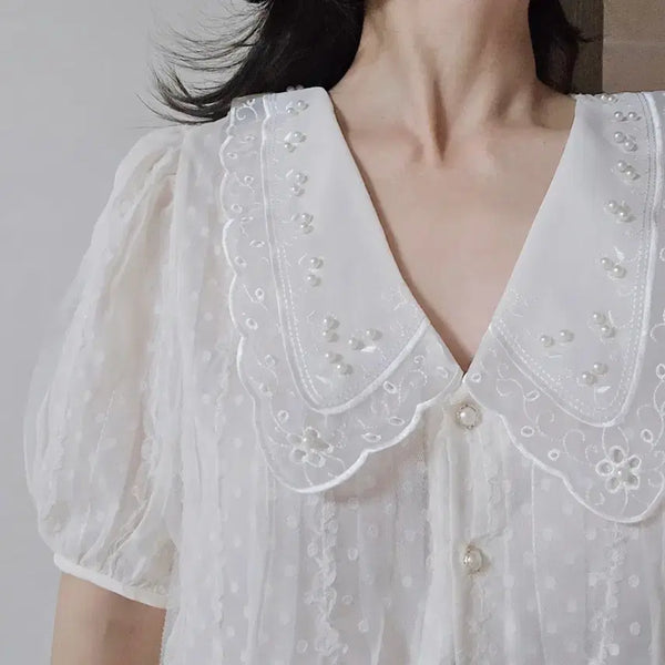 [BUNJANG] White Lace Pearl Short Sleeve Blouse / 새상품 빅카라 블라우스 레이스 진주 여름 반팔 블라우스