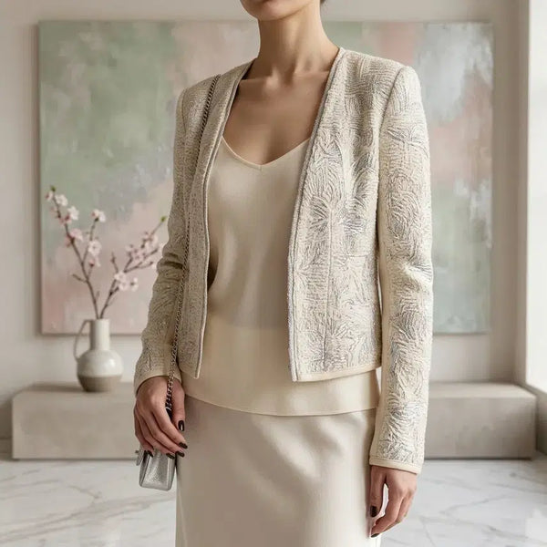 [BUNJANG] OBZEE Embroidered Glitter Cropped Jacket Cardigan Ivory / 오브제(OBZEE) 자수 글리터 크롭 자켓 가디건 아이보리 (슬림55)