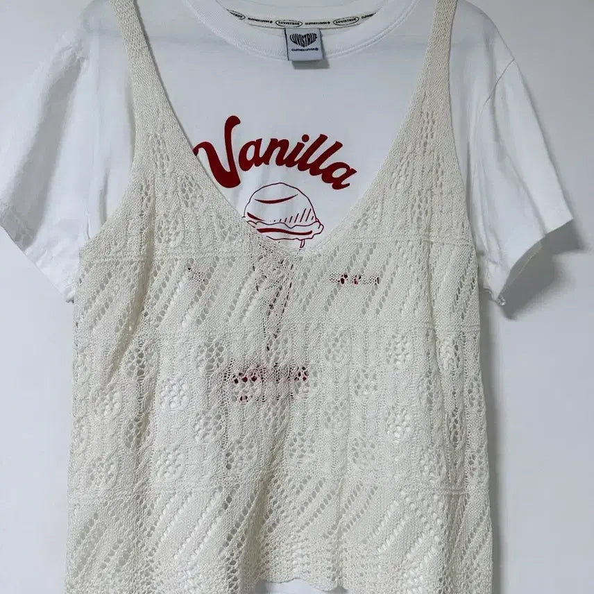 [BUNJANG] Luvistrue White Short Sleeve T-Shirt with Beige Knit Lace Trim / LUVISTRUE 화이트 반팔 + 베이지 니트 레이스