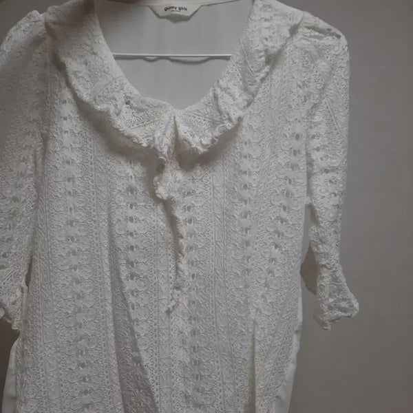 [BUNJANG] Knit Lace White Blouse Free Size / 뜨개 레이스 화이트 블라우스 F