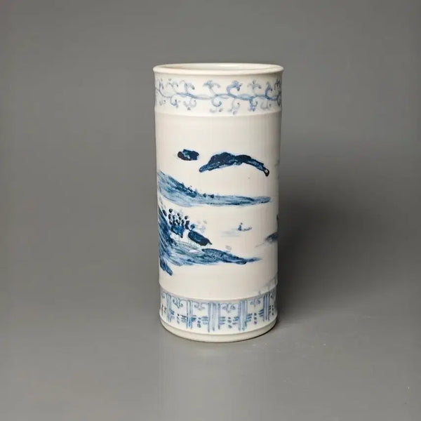 [BUNJANG] Republic of China Blue and White Porcelain Landscape Cylindrical Brush Pot / 민국 청화백자 산수문 원통형 필통 중국도자기 골동품 수집품