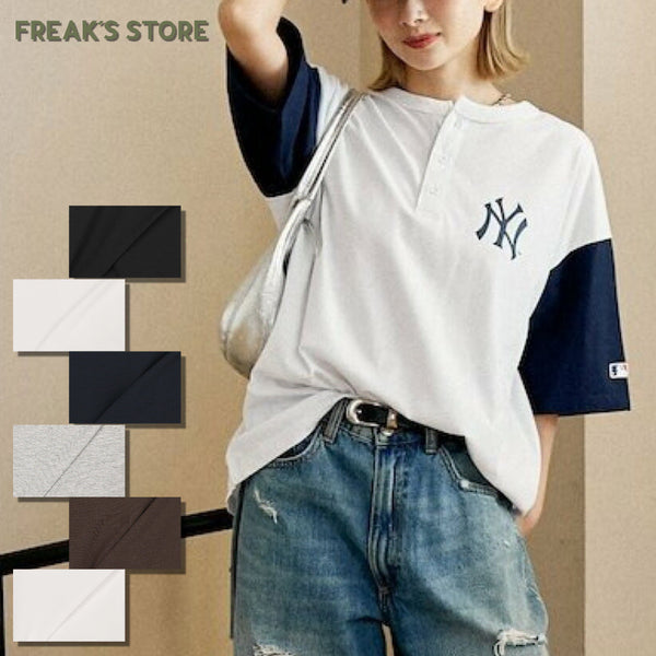 [BUNJANG] FREAK'S STORE MLB Logo Print Henly Neck Oversized T-Shirt / 프릭스 스토어 별주 MLB 로고프린트 헨리넥 오버사이즈 티셔츠