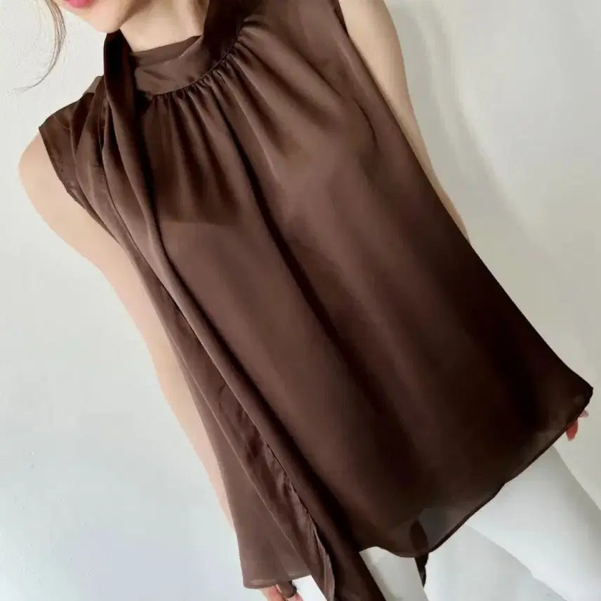 [BUNJANG] Sheer Satin Chiffon Blouse / 여리여리한/체형커버 타이 새틴 블라우스 쉬폰 블라우스 에이블리 수입의류