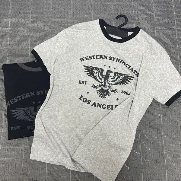 [BUNJANG] Western Eagle Muscle Fit Short Sleeve Ringer T-Shirt / (새상품)웨스턴 독수리 머슬핏 반팔티 링거티