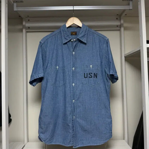 [BUNJANG] The Real McCoy's USN Stencil Chambray Short Sleeve Shirt L / 리얼맥코이 usn 스텐실 샴브레이 반팔 셔츠 L