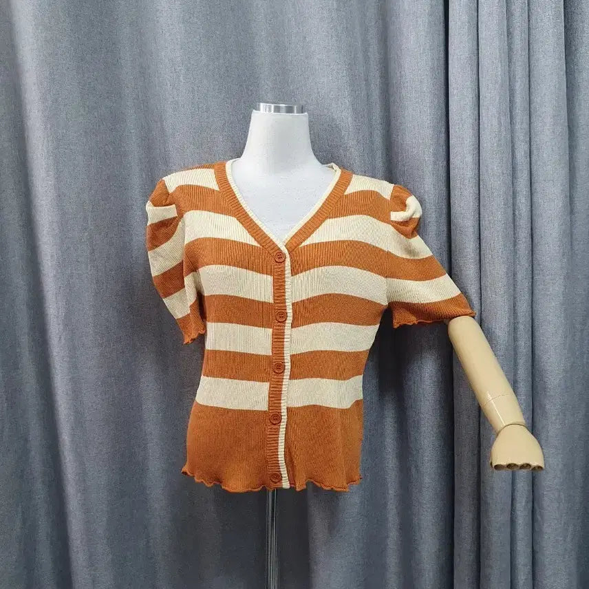 [BUNJANG] Puff Striped Short-Sleeve Cardigan / 퍼프 단가라 반팔가디건