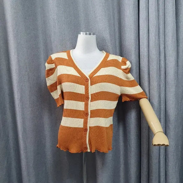 [BUNJANG] Puff Striped Short-Sleeve Cardigan / 퍼프 단가라 반팔가디건