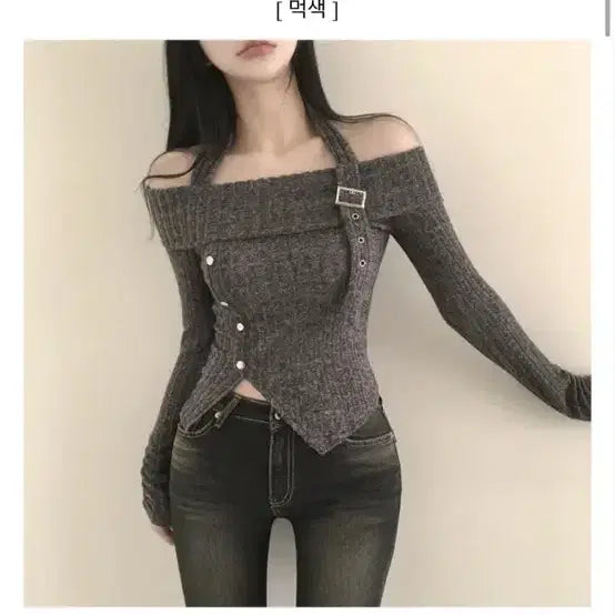 [BUNJANG] Halter Neck Ribbed Cropped Long Sleeve T-Shirt / 홀터넥 골지 크롭 긴팔티셔츠