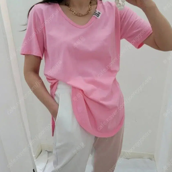 [BUNJANG] Plus Size Patch V-Neck T-Shirt Pink / 새상품 빅사이즈 패치 핑크 유브이넥티