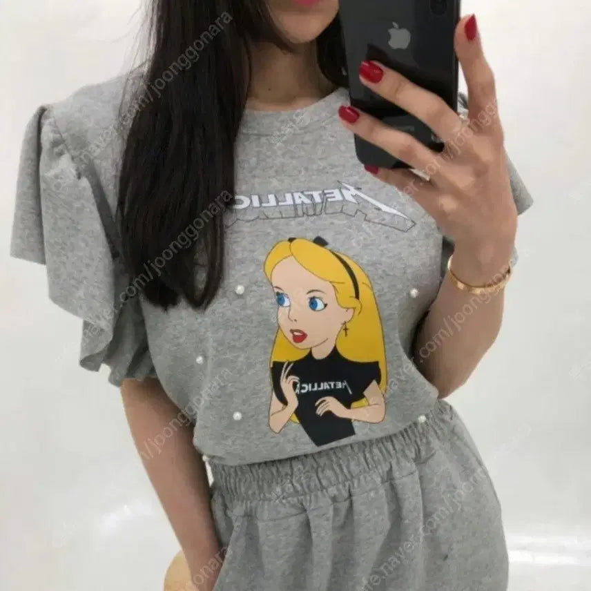 [BUNJANG] Blue Banana Alice Pearl Frill Semi-Crop Short Sleeve T-Shirt Grey / 새상품 블루바나나 고퀄 앨리스 진주프릴 세미크롭 반팔티 그레이