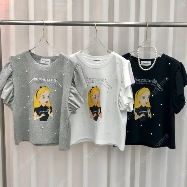 [BUNJANG] Blue Banana Alice Pearl Frill Semi-Crop Short Sleeve T-Shirt White / 새상품 블루바나나 고퀄 앨리스 진주프릴 세미크롭 반팔티 화이트