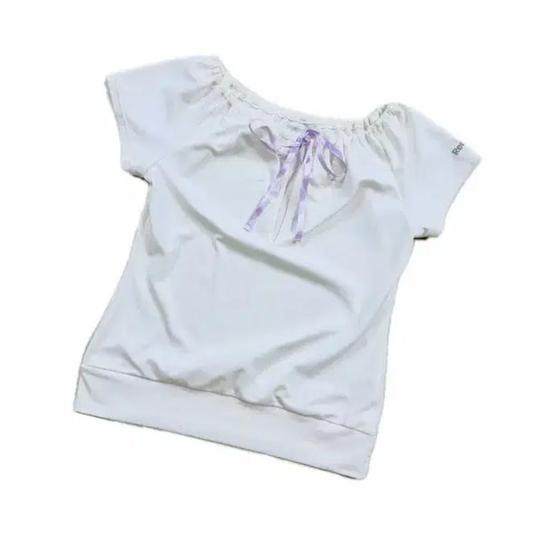 [BUNJANG] Reebok Ivory Boatneck Ribbon Tie Sporty Short Sleeve T-Shirt / Reebok) 일본판 레어 아이보리 보트넥 리본 타이 운동복 스포티 반팔