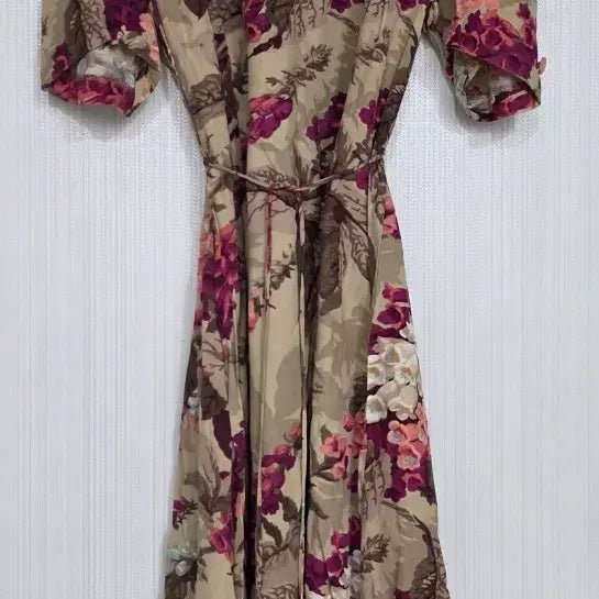 [BUNJANG] Beige Floral Print Mini Dress with String Detail / 베이지 끈 미니 원피스