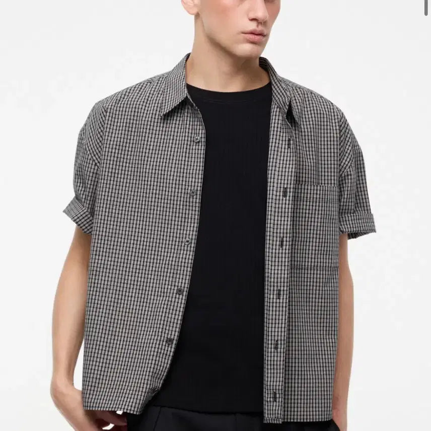 [BUNJANG] Lehav Segment Check Crop Shirt Black M / 르아브 세그먼트 체크 크롭 셔츠 블랙 M