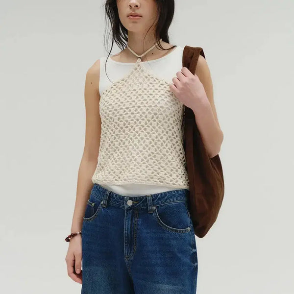 [BUNJANG] Salty Pebble Halterneck Crochet Knit Top / 솔티페블 홀터넥 크로쉐 니트탑