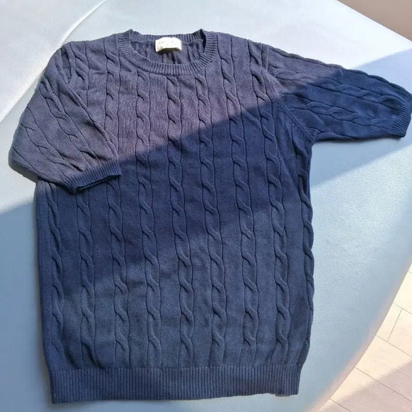 [BUNJANG] Navy Cable Knit Short Sleeve Sweater / 네이비 꽈배기 반팔 니트