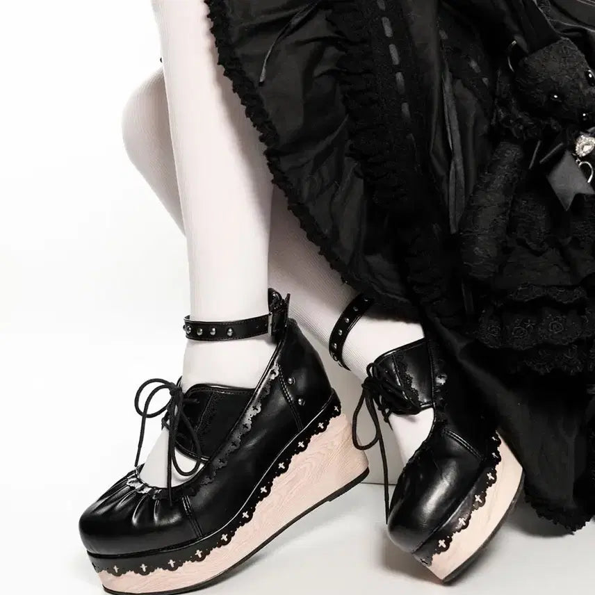 [BUNJANG] GURGUR Gothic Lolita Dark Cross Wedge Shoes / GURGUR 고딕 로리타 다크 십자가 장식 웨지 슈즈