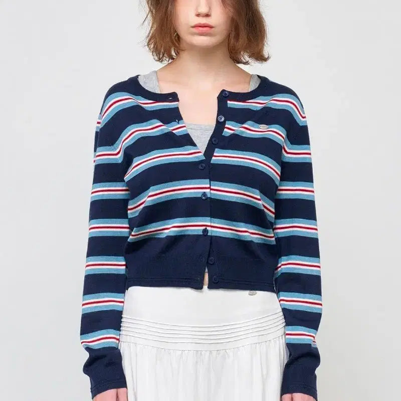 [BUNJANG] General Idea Multi Stripe Crewneck Cardigan / 제너럴아이디어 멀티 스트라이프 크루넥 가디건
