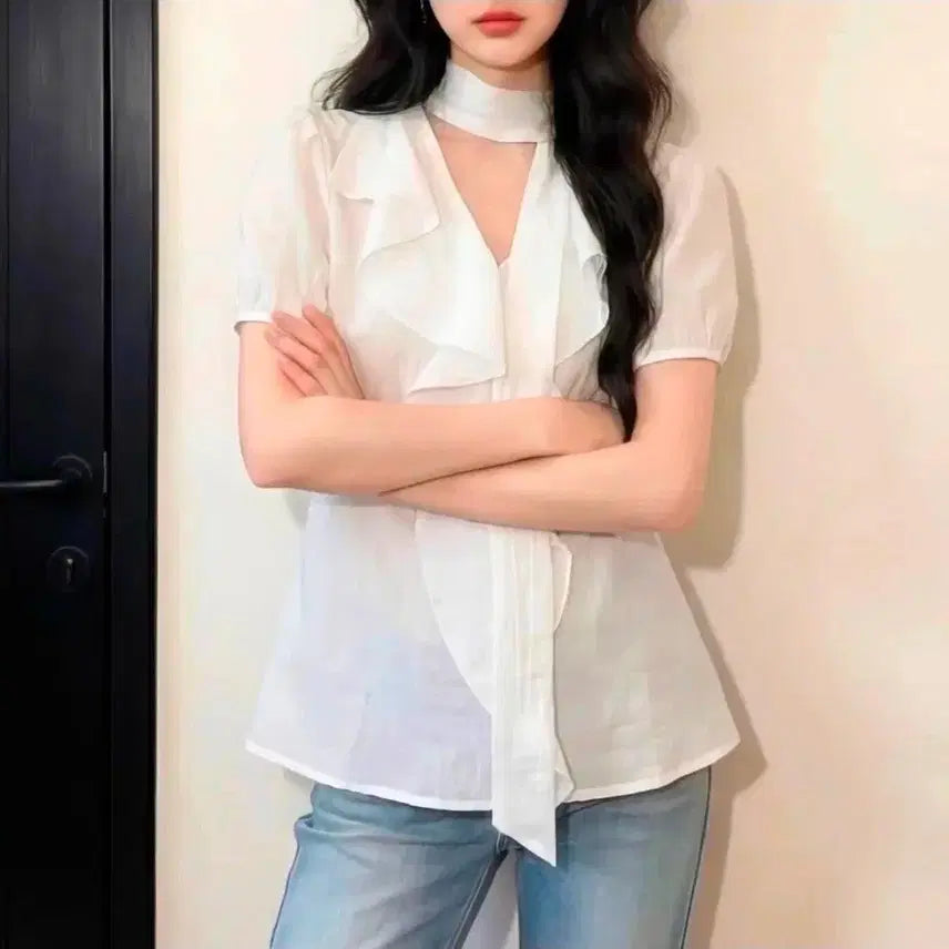 [BUNJANG] White Tie Blouse / 화이트 타이 블라우스