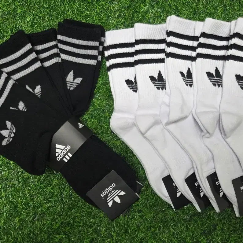 [BUNJANG] Adidas Mid-Length Socks - Black/White (5 Pairs Set) / 아디다스 중목 양말 블랙/화이트