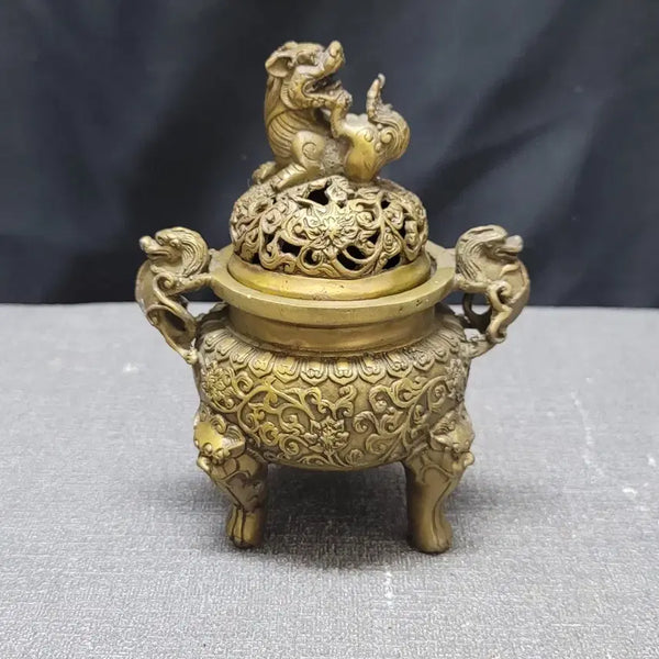 [BUNJANG] Brass Tripod Incense Burner with Haetae Design / 황동 삼족 해태 투각 향로