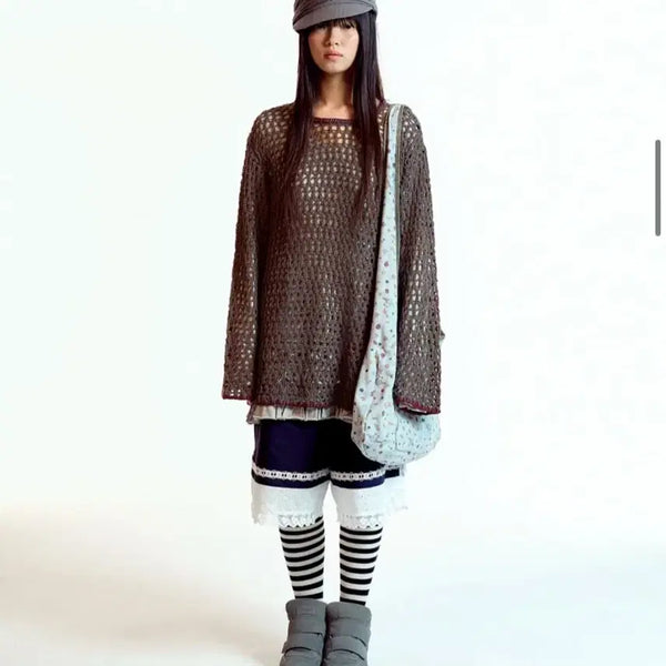 [BUNJANG] Koiseo Mesh Knit Top Brown + Multiple Frill Dress Grey Set / 코이세이오 홀 니트 브라운 + 바텀 멀티플 프릴 드레스 그레이 세트