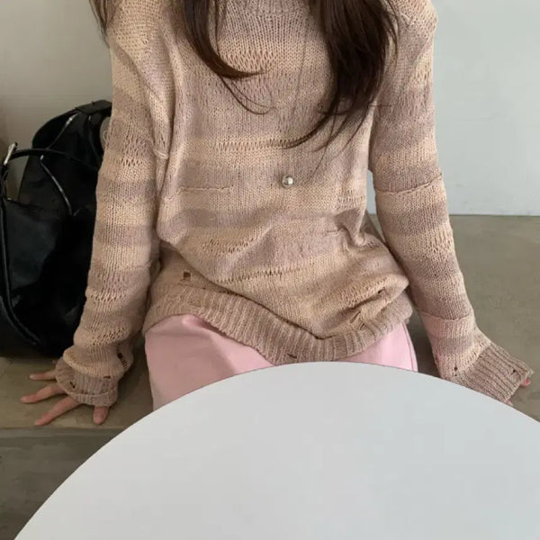 [BUNJANG] How You Stripe Linen Knit Pink Beige / 하우유 스트라이프 린넨 니트 핑크베이지