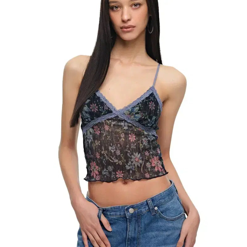 [BUNJANG] TooMuchTax Metallic Floral 03 Lace Cami Top M / 투머치택스 METALLIC FLORAL 03 LACE CAMI TOP