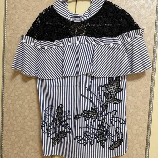 [BUNJANG] Self-Portrait Navy Stripe Lace Blouse / 셀프포트레이트 블라우스