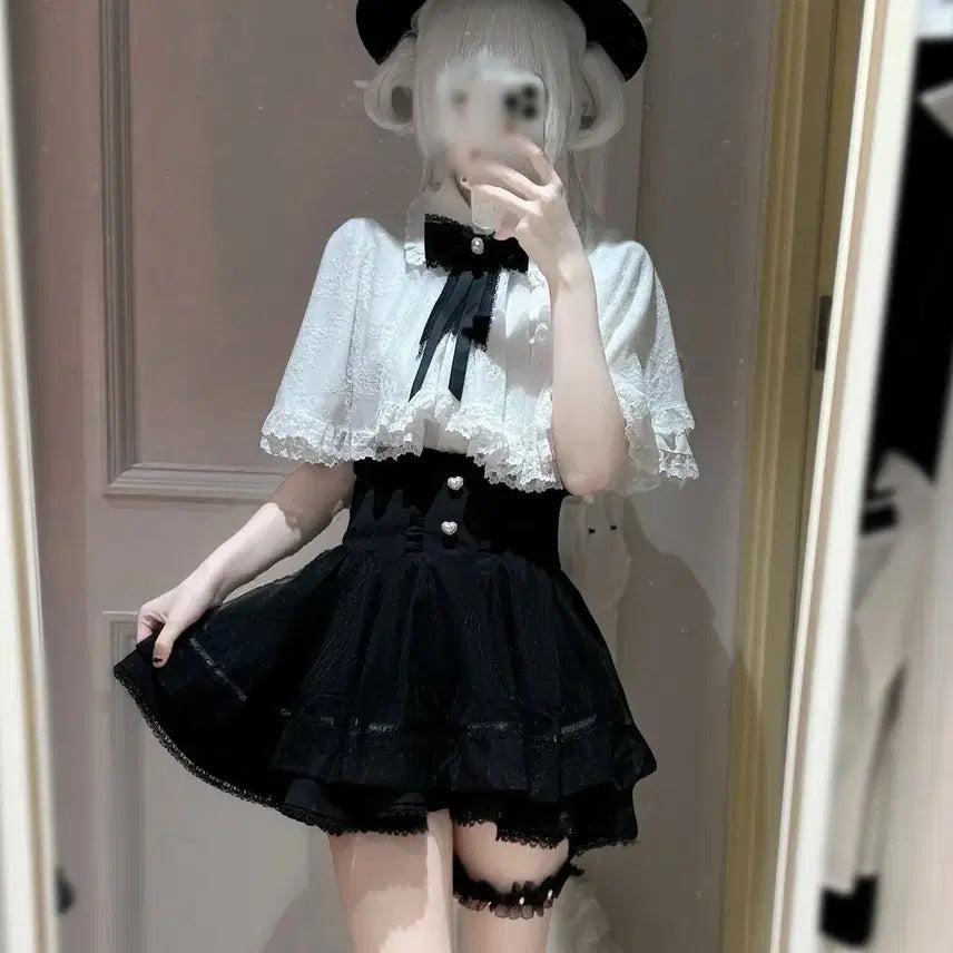 [BUNJANG] Jirai Kei Subculture Lace Ribbon Short Sleeve Blouse and Skirt Set / 지뢰계 서브컬처 레이스 리본 반팔 블라우스+ 치마 세트(2컬러)