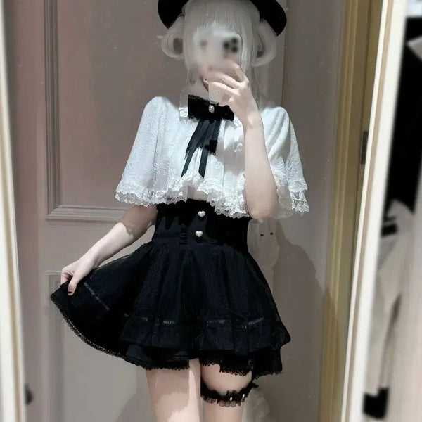 [BUNJANG] Jirai Kei Subculture Lace Ribbon Short Sleeve Blouse and Skirt Set / 지뢰계 서브컬처 레이스 리본 반팔 블라우스+ 치마 세트(2컬러)