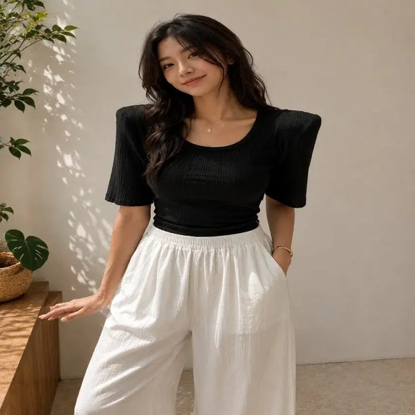 [BUNJANG] Shoulder Pad Ribbed Cropped Short Sleeve T-Shirt - White/Black / 어깨 패드 숄더 골지 크롭 반팔 티셔츠 ㅡ무배