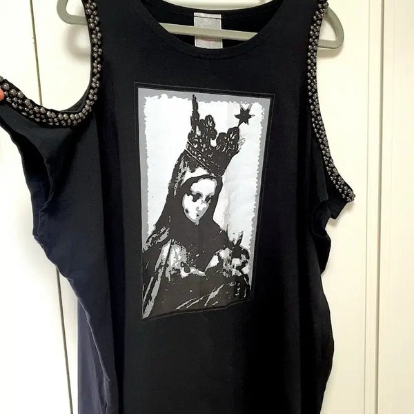 [BUNJANG] Unique Shoulder Slit Beaded T-Shirt / 고퀄 어깨 트임 구슬 유니크 티셔츠 (~77, 88사이즈)