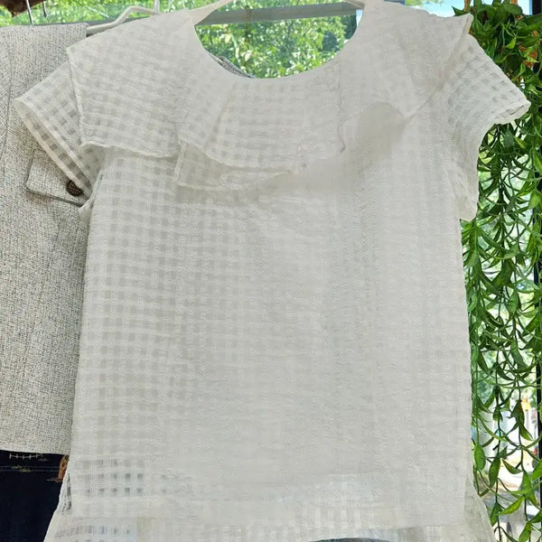 [BUNJANG] JIGOTT Frilled Asymmetrical Check Blouse (Size 55) / 지컷 프릴 체크 언발 블라우스(55)