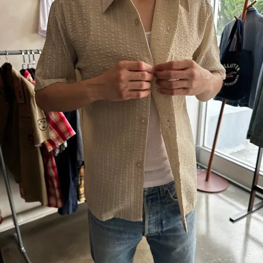[BUNJANG] Japanese Vintage Textured Open Collar Short Sleeve Shirt / 재패니즈 빈티지 텍스처 오픈카라 반팔 셔츠