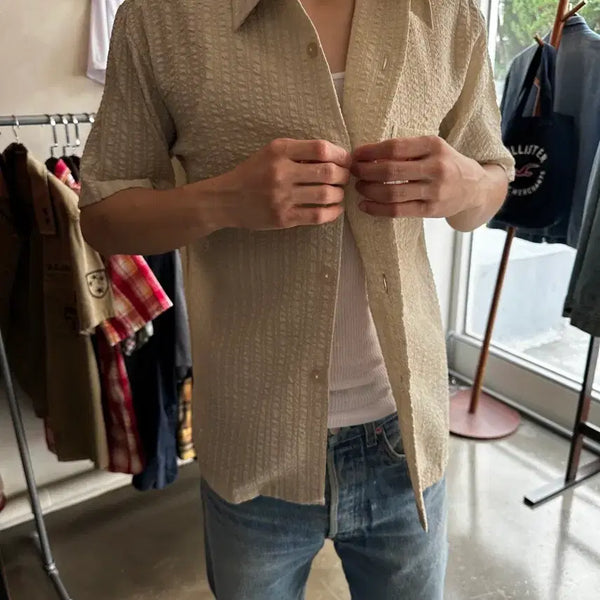 [BUNJANG] Japanese Vintage Textured Open Collar Short Sleeve Shirt / 재패니즈 빈티지 텍스처 오픈카라 반팔 셔츠
