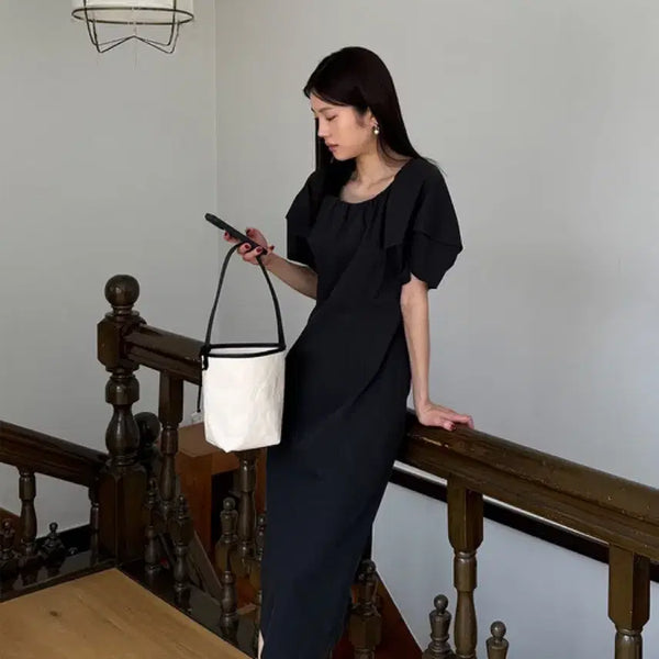 [BUNJANG] OR Black Midi Puff Sleeve Square Neck Dress / 오어 원피스