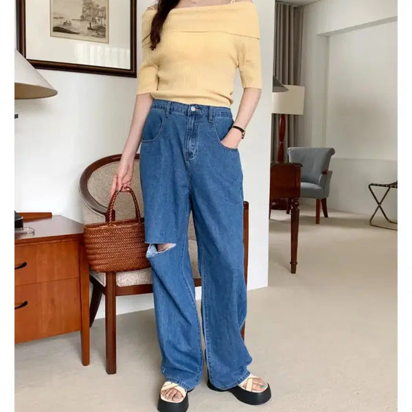 [BUNJANG] Plus Size Distressed Jeans with Back Elastic Band / 빅사이즈뒷밴딩찢청바지 M (텍있는 새상품)