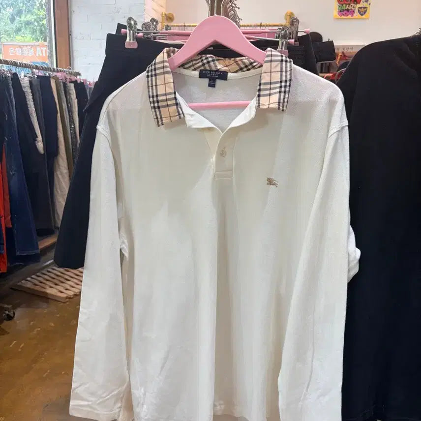 [BUNJANG] Burberry Check Collar Long Sleeve Polo Shirt White / 버버리 체크 카라 긴팔 카라티 화이트