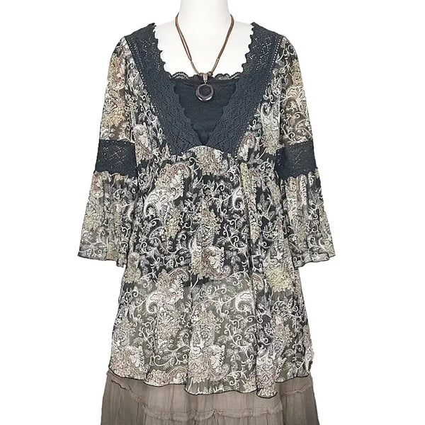 [BUNJANG] Vintage Paisley Ethnic Lace Shirring Chiffon Blouse / 일본빈티지 페이즐리에스닉레이스셔링쉬폰블라우스티 모리걸하구미룩갸루y2k히피
