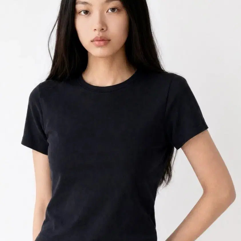 [BUNJANG] SPAO Semi Crop Slim Short Sleeve T-Shirt Black S Size / 스파오 세미 크롭 슬림 반팔티 검정 s 사이즈