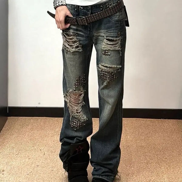 [BUNJANG] Vintage Subculture Washed Studded Denim Pants / 빈티지 서브컬쳐 워싱 빈티지 스터드 데님 팬츠 청바지