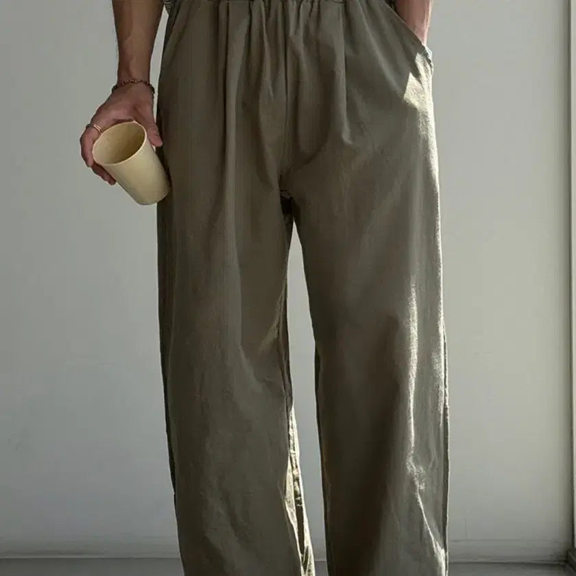 [BUNJANG] Linen Wide Pants Khaki/Black XL Bundle Set / 린넨 와이드 팬츠 카키/블랙 XL(32-34)사이즈 두개 일괄 판매.