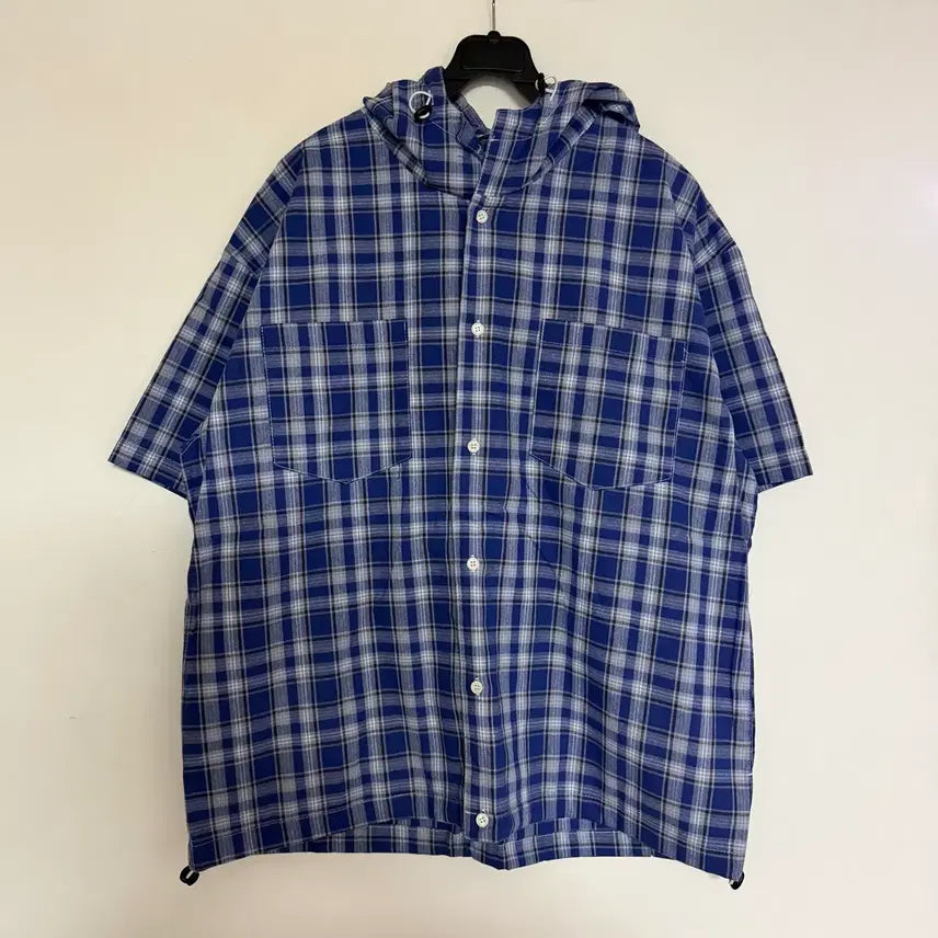 [BUNJANG] Men's Check Print Short Sleeve Hoodie Shirt / 새상품 남자 체크 후드 반팔 남방
