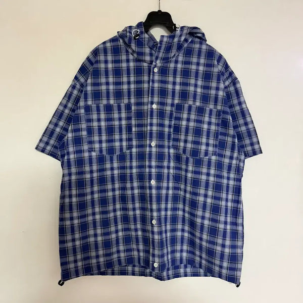 [BUNJANG] Men's Check Print Short Sleeve Hoodie Shirt / 새상품 남자 체크 후드 반팔 남방