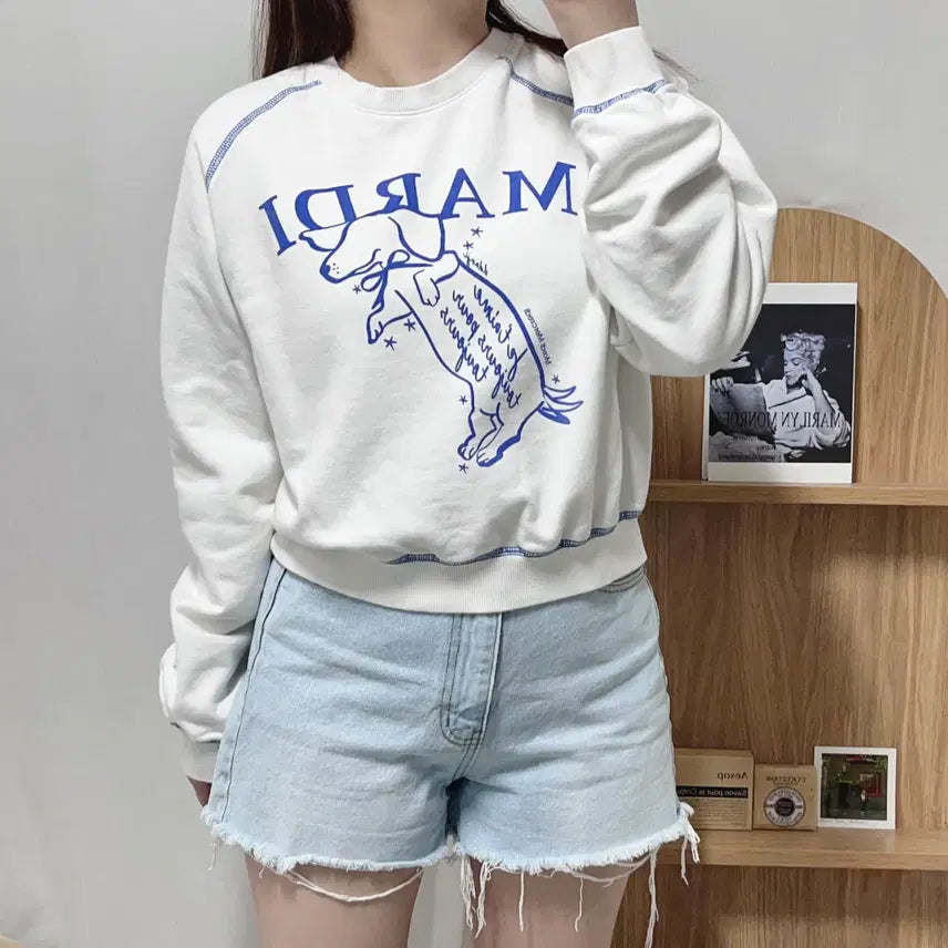 [BUNJANG] Mardi Mercredi White Blue Printing Sweatshirt / 마르디메크르디 화이트 블루프린팅 맨투맨 [ ONE ]