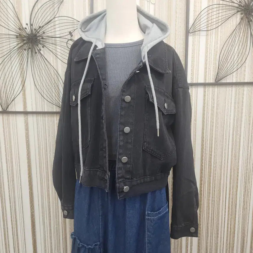 [BUNJANG] Black Hooded Cropped Denim Jacket - One Size / 블랙 후드 클롭 데님 자켓 free 신축성있음