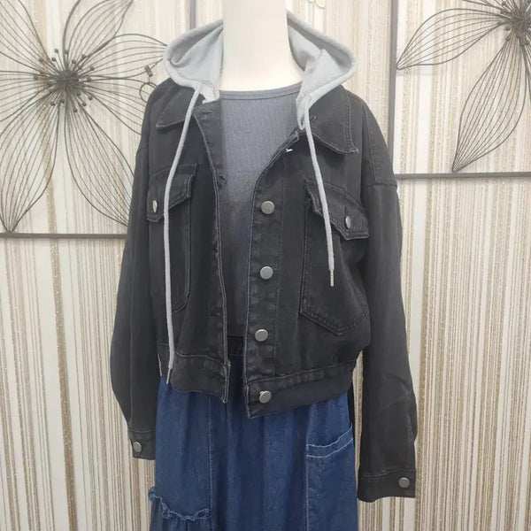 [BUNJANG] Black Hooded Cropped Denim Jacket - One Size / 블랙 후드 클롭 데님 자켓 free 신축성있음
